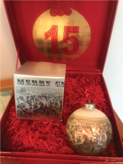 Photo of Courier and Ives special edition shrink-wrapped Christmas ornament that was manufactured at the Wellsboro glass plant