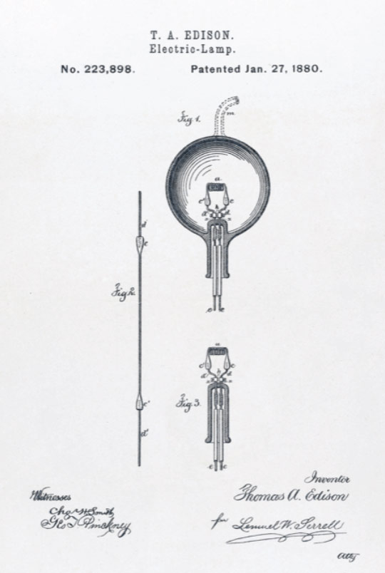 Sketch of Edison Electric Light Bulb patent