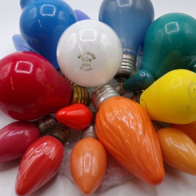 Photo of light bulbs in various colors, shapes and sizes